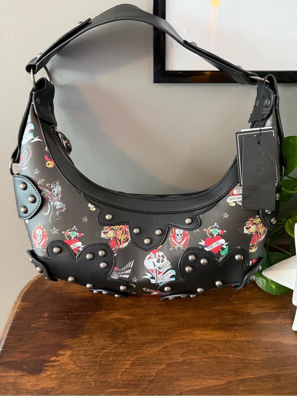 NWT. Ed Hardy Black Shoulder Bag with Multicolor Tattoo Prints